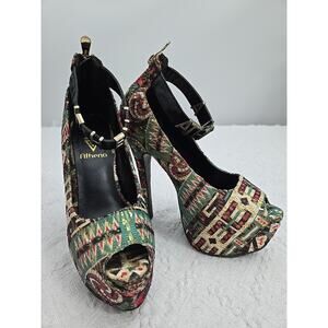 Floral Tapestry Platform Stiletto Heel Sz7 Athena Metal Letters On Ankle Strap